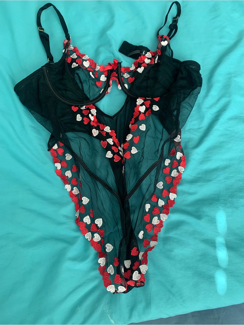 FN Sheer Black Lace Bodysuit with Red & White Heart Embroidery